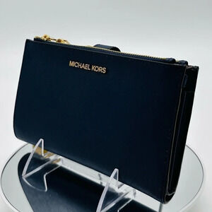 Michael Kors Large Double Zip Wallet Wristlet Navy Blue/Gold